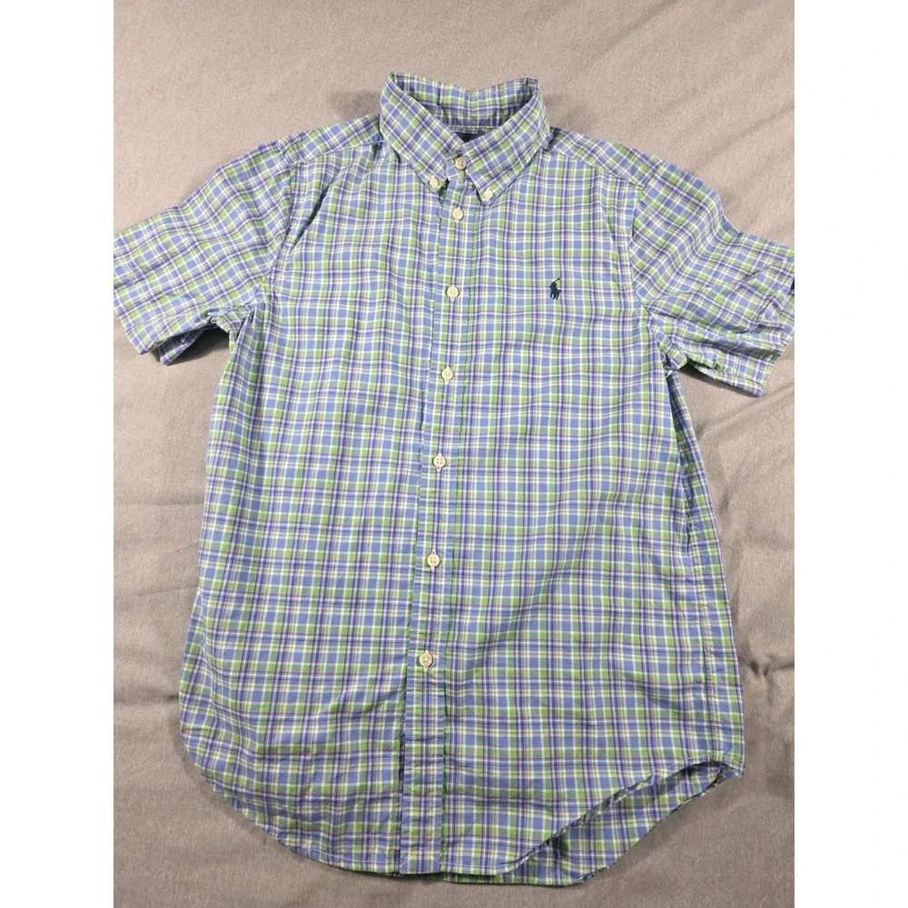 Ralph Lauren Short Sleeve Blue Green Plaid Button Up Shirt Youth Boys L (14-16)‎